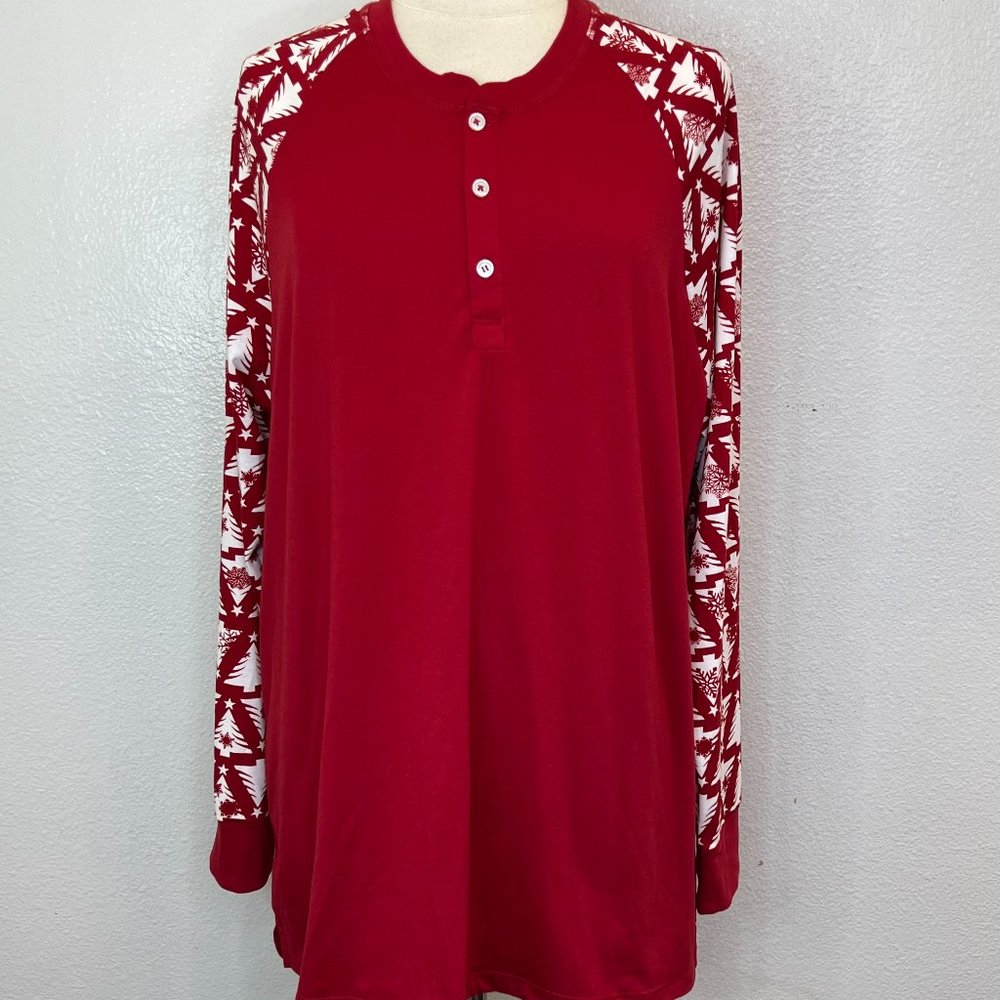 NWT Lularoe Mark Long Sleeve Henley Christmas Tree Snow Flakes Print Size XL